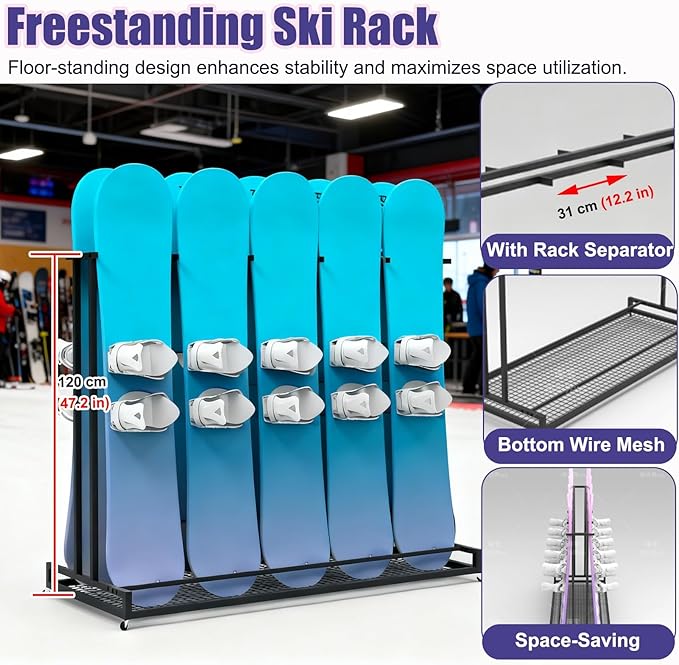 1 2 3 4 5 6 8 9 10 Pair Ski Storage Rack for Organize, Indoor Ski Board Stand for Garage/Basement/Shed, Floor Standing Longboard Carrier Wheels(Holds 2 pcs (1 Pair))