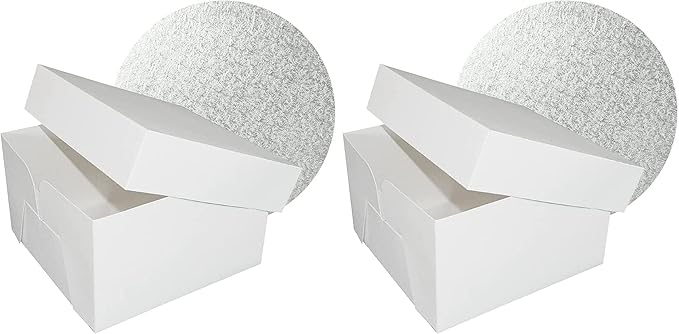 DecoPac 12" Round Silver Cake Drum Board & White Cake Box Combo, 12 Inch Square Bakery Box and Matching Cake Circle Set For Cake, Dessert, Pie, And Cookie Transport (Pack of 2)