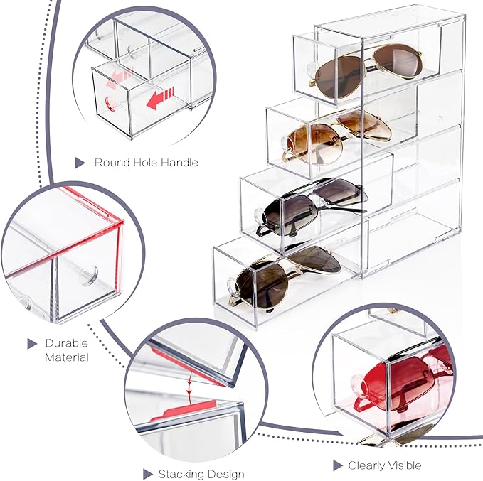 Desk Organizer with 4 Drawers, FODIENS Stackable Desktop Storage Box with Removable Drawer, Clear Sunglasses Organizer Display Case for Stationery Marker Pens Eyeglasses Office Supply