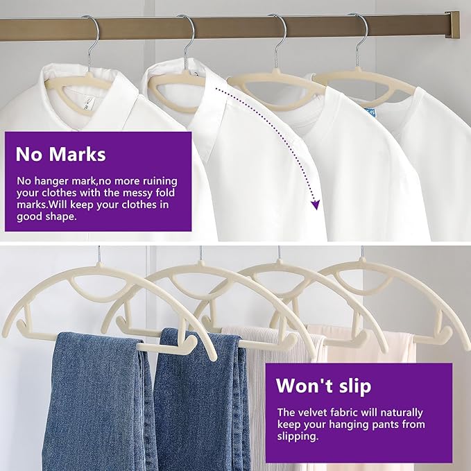 MIZGI Premium Velvet Hangers 50-Pack,No Shoulder Bump Hangers W/Tie Bar Ultra Thin Space Saving Non Slip Hanger Heavy Duty Felt Rounded Clothes Hanger for Sweaters,Coat,Jackets,Pants,Shirts