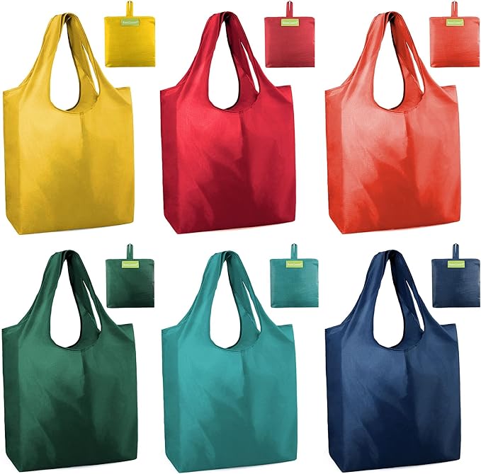 BeeGreen Foldable Travel Bag Reusable Shopping Bags for Groceries - 6 Pack Large Collapsible Bags - Lightweight Machine Washable Tote Bags - Colorful Kitchen Grocery Bags (Red, Orange, Green)