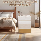 Laundry Hamper Large Laundry Basket with Leather Handles, Decorative Storage Cotton Rope Woven Basket for Blankets, Clothes Hamper for Living Room, Jute & White, 85L