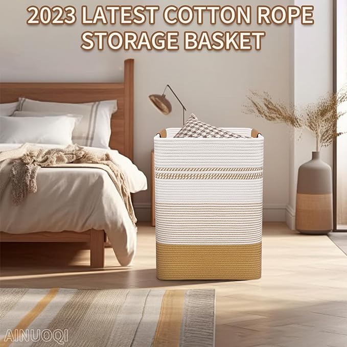 Laundry Hamper Large Laundry Basket with Leather Handles, Decorative Storage Cotton Rope Woven Basket for Blankets, Clothes Hamper for Living Room, Jute & White, 85L