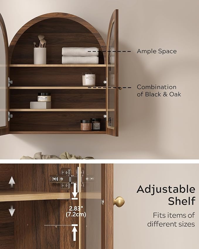 Brown Arched Wall Cabinet, Large Wood Bathroom Medicine Cabinet Wall Mounted Cupboard, Modern Floating Storage Cabinet with Acrylic Door Adjustable Shelf, Wood Organizer (Brown-Oak)