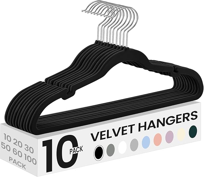 SONGMICS Velvet Hangers 10 Pack, Non-Slip Clothes Hangers with Shoulder Notches, Pants Bar, 360° Swivel Hook, Space-Saving, for Closet, Ink Black UCRF029B01