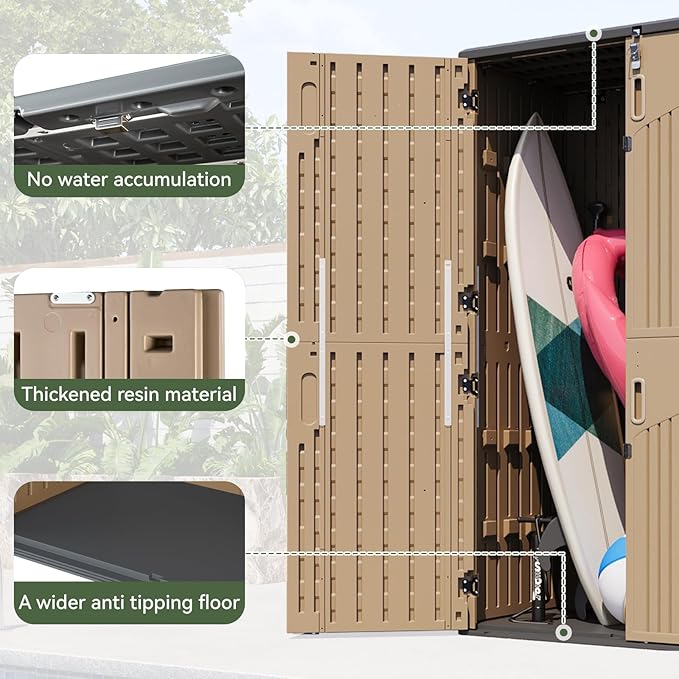 Aoxun Outdoor Storage Shed with Floor, 64 Cu.Ft Large Outdoor Storage Cabinet, Waterproof Vertical Resin Shed for Garden Tools, Pool Equipment, Brown