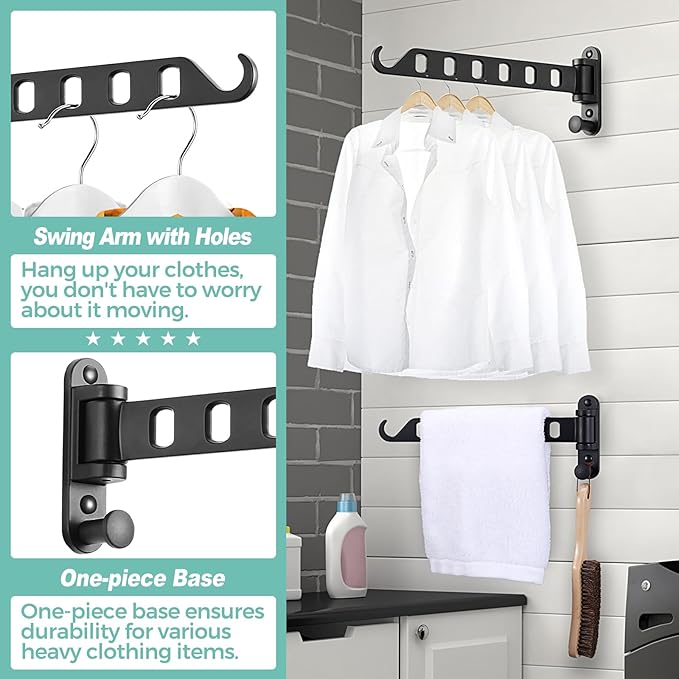 Laundry Drying Rack - Wall Mounted Clothes Hanger with Swing Arm, 6-Hole Laundry Hanger & Swivel Hanging Bar, Foldable Valet Hook, Laundry Room Closet, Sturdy Aluminum (2-Pack, Black)