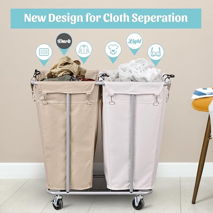 PLKOW Laundry Cart with Wheels 280L Large Laundry Sorter 2 Section for Commercial/Home, Rolling Laundry Cart with Steel Frame and Removable Bag, 8 Bushel, 32.3L x 19.7W x 31.5H Inch