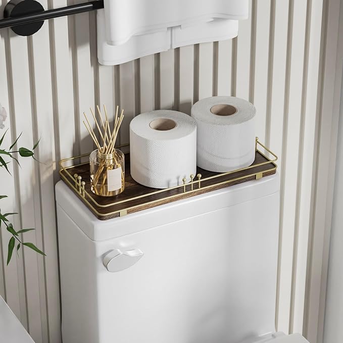 Toilet Paper Basket, Bathroom Basket for Counter Toiletries Towel Decor, Toilet Tank Tray, Guest Back of Toilet Organizer Storage, Vanity Tray for Perfume Makeup, Kitchen 13”x6.5” Brown-Gold
