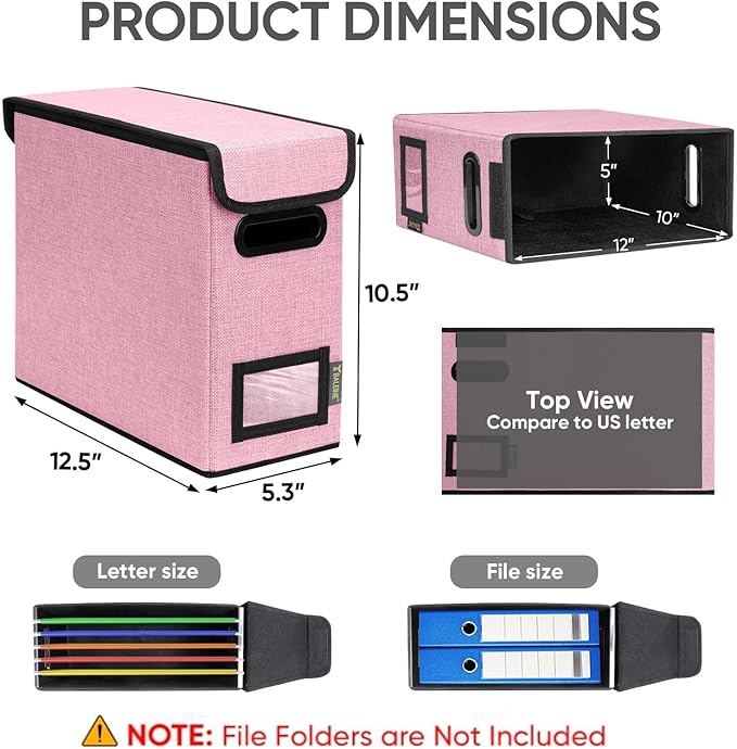 BALEINE File Organizer Box with Lid, Collapsible File Folder Organizer with Plastic Slide, Hanging File Folder Box for Office Document Storage (2 Pack, Pink, S)