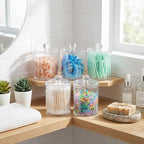 SheeChung 4-Pack Clear Acrylic Apothecary Jars with Labels - (2) 10oz & (2) 12oz Qtip Holder Set - Shatterproof Bathroom Vanity Organizer for Cotton Swabs, Balls, Pads - Minimalist Decor