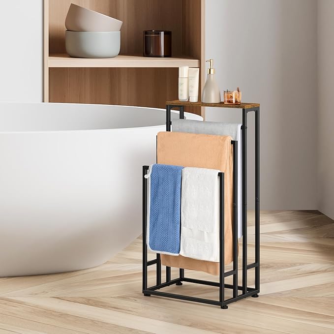 Freestanding Towel Racks for Bathroom 3 Tier Towel Drying Rack Small Standing Towel Rack with Shelf Hand Towel Holder Stand for Bathroom Floor Dorm Laundry Room (Rustic Brown)