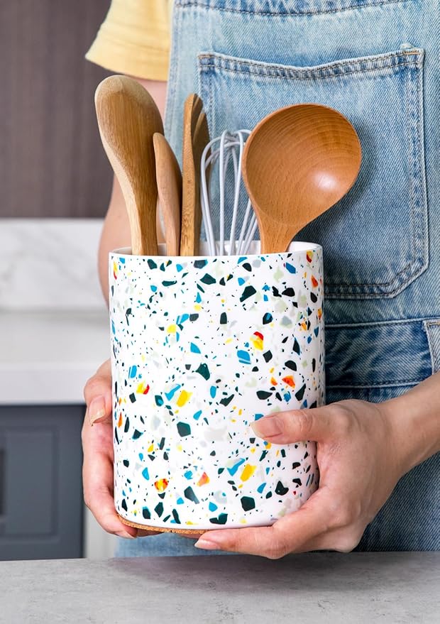 Nucookery Utensil Holder, 6.4" Ceramic Kitchen Utensil Holder for Countertop with Protection Cork Bottom, Vintage Farmhouse Kitchen Decor for Counter, Gift (Marble Pattern)