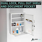 AdirMed White Locking Medication Cabinet with Document Pocket, Metal Wall Mounted Medication Cabinet with Dual Lock and Dual Keys, 21" H x 16" W x 6" D