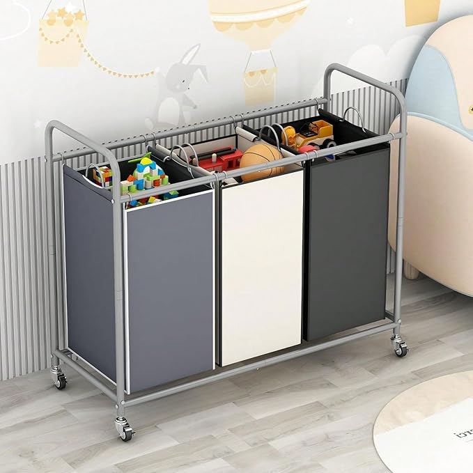 3-Bag Laundry Sorter Cart with Rolling Lockable Wheels, Removable Bags, 32.68 x 15.75 x 33.46 in, Black, Beige and Grey (Assorted)