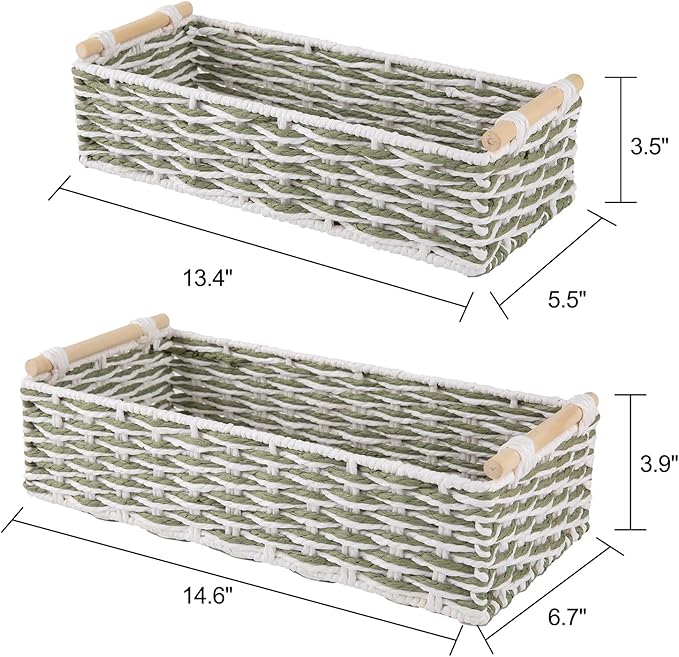 OIAHOMY Toilet Paper Baskets Handmade Paper Rope Decorative Wicker Storage Tank Shelf Cabinet Organizer for Bathroom Home, Set of 2, Green & White