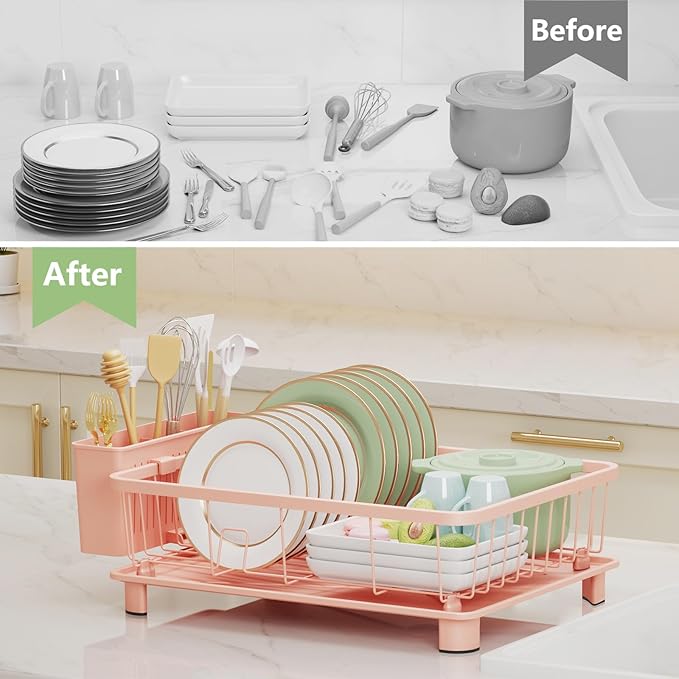 Pink Dish Drying Rack - Space-Saving Dish Rack,Dish Racks for Kitchen Counter with Drainboard, Birthday Christmas Day Mothers Day Thanksgiving Gifts for Mom Grandma Wife Kitchen Enthusiasts