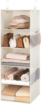 StorageWorks 5-Shelf Hanging Closet Organizers, Foldable Closet Storage Organizer with 2 Side Pockets, Portable Hanging Shelves for Clothes, Sweater, 12 1⁄2" D x 15" W x 48" H, White & Ivory
