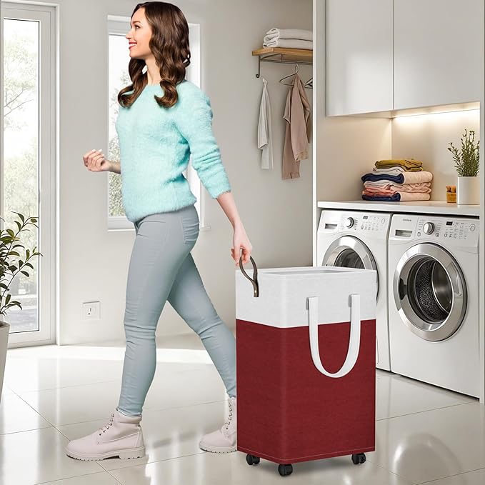 HomeHacks 75L Rolling Laundry Basket with Wheels, Collapsible & Waterproof Laundry Hamper, Mobile Clothes Hamper, Storage Laundry Bins with Handles for Laundry Room, Bedroom, Bathroom & Dorm, Red