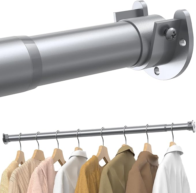 Closet Rods for Hanging Clothes, 17 to 99 Inches Stepless Adjustable Metal Closet Rod, 1.3 Inches Heavy Duty Clothes Hanging Rod for Closet Wardrobes Laundry RV, Silver