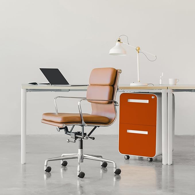 Laura Davidson Furniture Stockpile 2 Drawer Mobile File Cabinet with Lock - Under Desk Metal Filing Cabinet, Legal/Letter File Folders, Wheels and Stationary Feet, Pre-Assembled, White/Orange