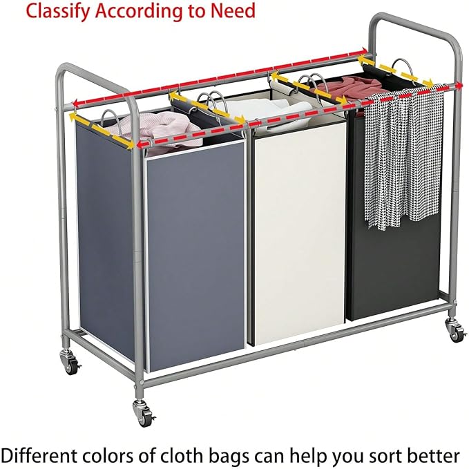 3-Bag Laundry Sorter Cart with Rolling Lockable Wheels, Removable Bags, 32.68 x 15.75 x 33.46 in, Black, Beige and Grey (Assorted)