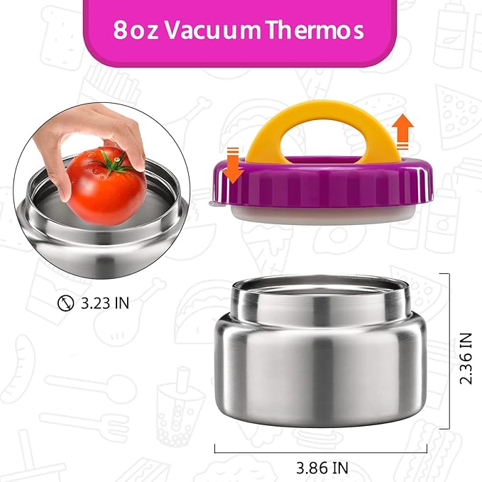 MAISON HUIS 8oz Soup Thermo Wide Mouth Vacuum Insulated Thermo Jar, Leak Proof Stainless Steel Food Container for Hot&Cold Food Kids Lunch Soup for School Travel (Purple)