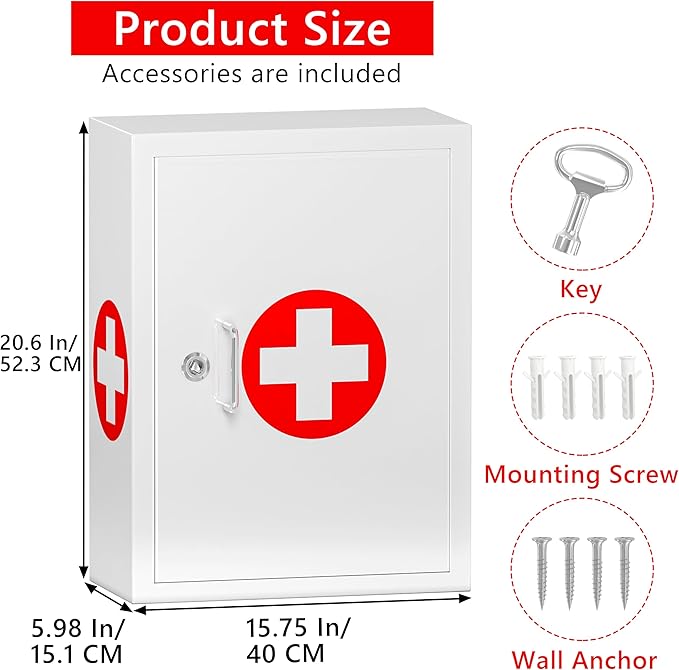 Locking Medicine Cabinet for Bathroom: Wall Mount Medical Box for Medication Storage - Large Capacity First Aid Wall Cabinet for Home, School, Office (White)