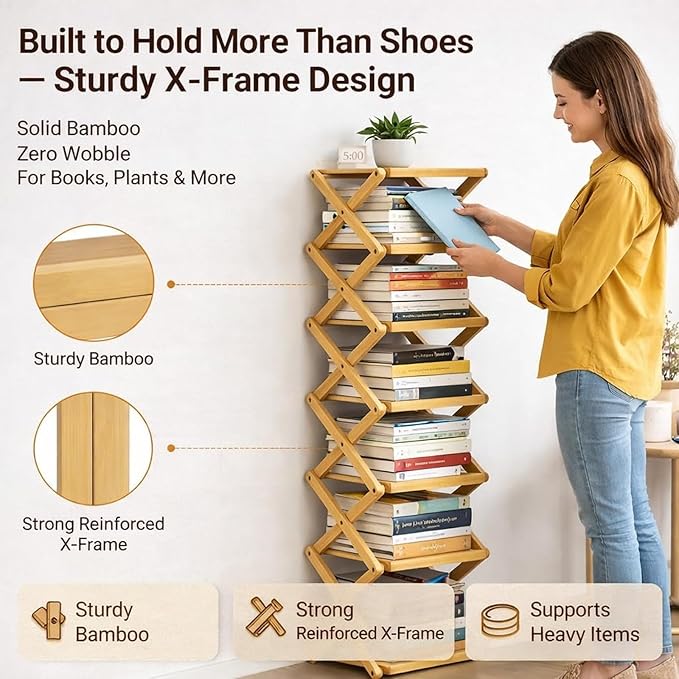 DDRIC The 9-Tier No-Assembly Bamboo Rack, Foldable 9 Tier Bamboo Shoe Rack with Collapsible Vertical Design, Space-Saving Shoe Storage Shelf for Entryway Closet Dorm, No-Tool Assembly (Brown,6)