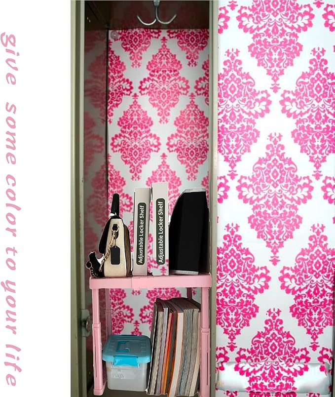 Locker Shelf Adjustable Height and Width, Pink Locker Organizer for Work, Locker Shelves for School Locker, Stack-able Locker Stand Tools for Gym Locker, Locker Accessories Stuff, Pack of 2