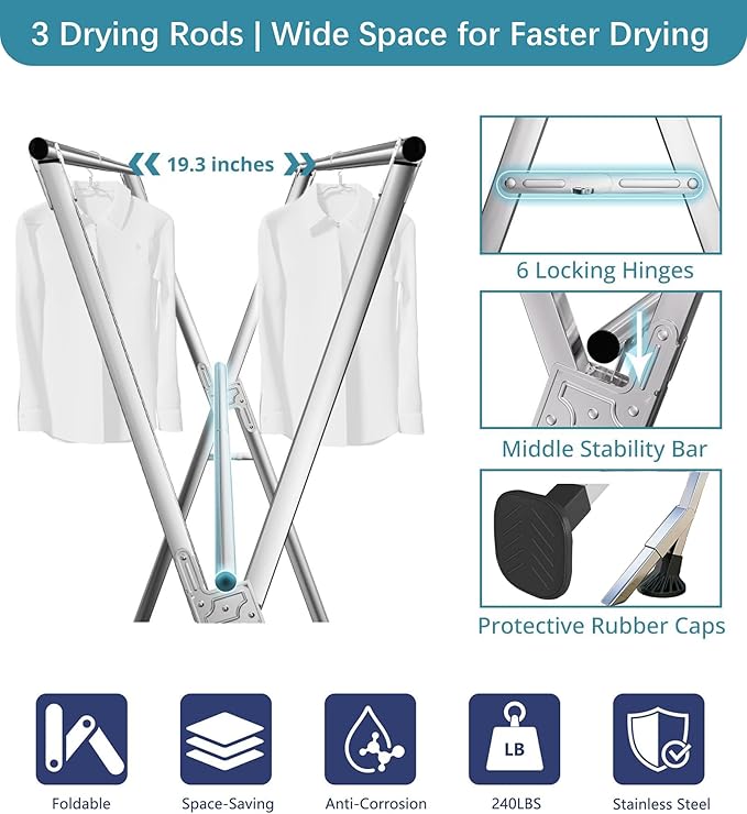 Clothes Drying Rack 95 Inches Folding Indoor Outdoor, Drying Rack Clothing Collapsible Windproof, Foldable Laundry Drying Rack, Heavy Duty Stainless Steel Clothes Rack, Coat rack, 20 Hooks 12 Clips