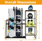 Freestanding Snowboard Rack - Stores 4 Pair Ski, 3 Pack Snowboard, Boot, Pole, Goggles, Helmet Rack for Garage, Shed, Basement