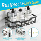 Adhesive Shower Caddy, 5-Pack Rustproof Stainless Steel Bathroom Organizer with 28 Hooks, No-Drill Large Capacity Shower Shelves for Bathroom Storage & Home Décor, Black