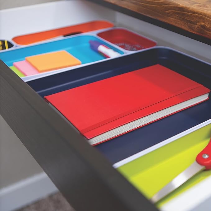 Three by Three Seattle 6 Piece Metal Organizer Tray Set for Storing Makeup, Stationery, Utensils, and More in Office Desk, Kitchen and Bathroom Drawers (1 Inch, Assorted Colors, Stripes)