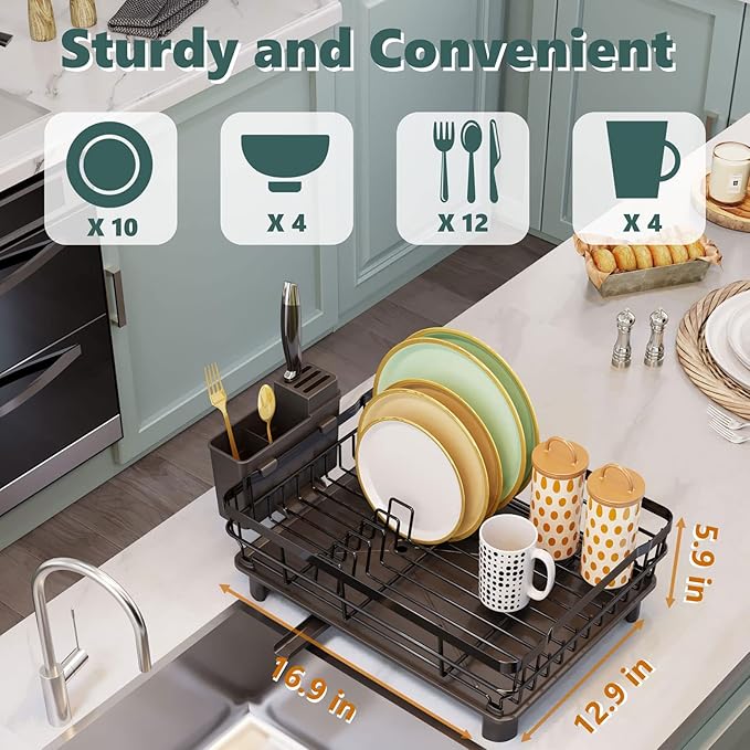 Iron Dish Drying Rack with Drainboard Dish Drainers for Kitchen Counter Extendable Spout Strainers with Utensil Holder and Knife Slots, Black