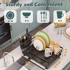 Iron Dish Drying Rack with Drainboard Dish Drainers for Kitchen Counter Extendable Spout Strainers with Utensil Holder and Knife Slots, Black