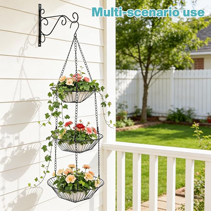 3 Tier Hanging Fruit Basket with Banana Hook, 34-Inch Heavy-Duty Wire Hanging Basket, Wire Vegetable Produce Organizer with Installation Bracket for Kitchen Storage Potato Vegetable