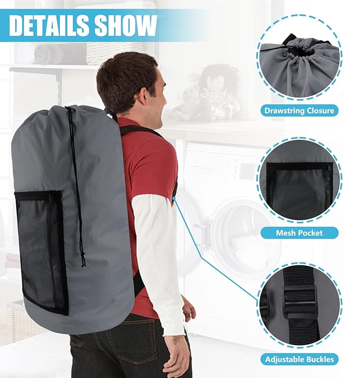 Laundry Bag Backpack, Extra Large Travel Laundry Bag with Mesh Pocket & Adjustable Shoulder Straps,Dirty Clothes Travel Bag for College Students Dorm,Apartment(Grey)