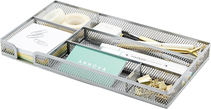 Annova Desk Drawer Organizer Tray for Office Organization - Metal Mesh - Storage Tray with Dividers for Pens, Desktop Accessories, Bathroom, Kitchen, Makeup and Office Supplies (Small, Silver)