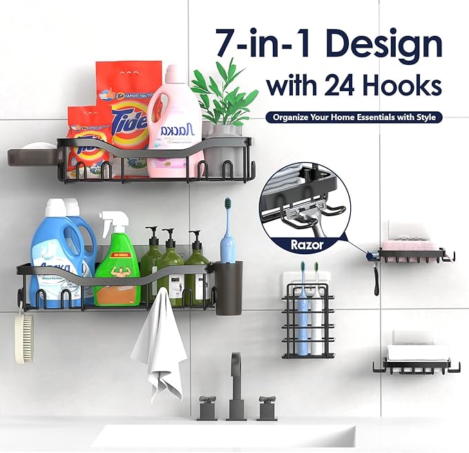 Shower Caddy Adhesive Shower Organizer 7-Pack, Rustproof Stainless Steel Bathroom Shelves, Large Capacity No-Drill Rack Storage Accessories with Soap Dish Toothbrush Holder &24 Hooks Home Decor