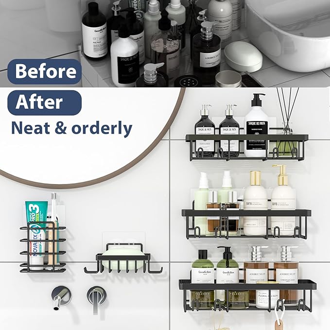 5 Pack Shower Caddy Organizer Rack Shelf for Inside Shower, Adhesive Bathroom Wall Storage Basket Rustproof Stainless Steel Shampoo Holder, Bathroom Accessory Decor Set, Black.