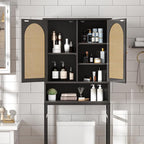 Rattan Toilet Storage Cabinet, Over The Rack Wood Cabinet with Metal Stand, Bathroom Organizer with Adjustable Shelf, Tall Freestanding Washer Shelf, Small Cupboard, Black