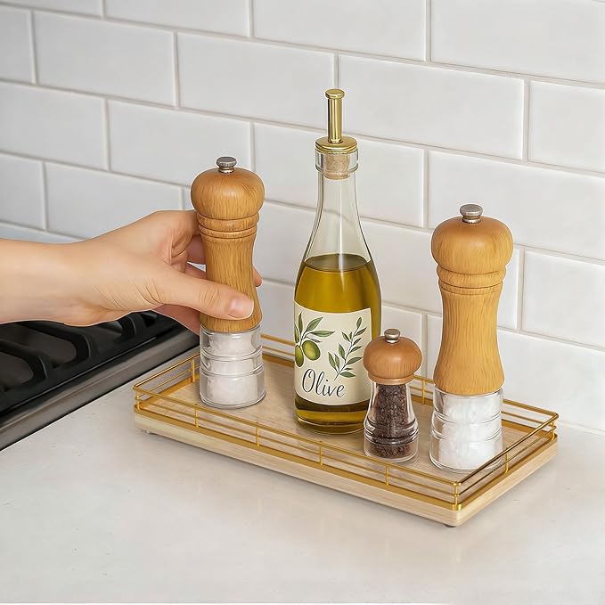 Bathroom Vanity Tray – 12" x 6" Oak Decorative Wooden Tray for Toilet Tank Organizer Wood Tray for Bathroom Countertop, Soap, Perfume & Storage, Vanity & Dresser Decor, Gold & Natural Oak