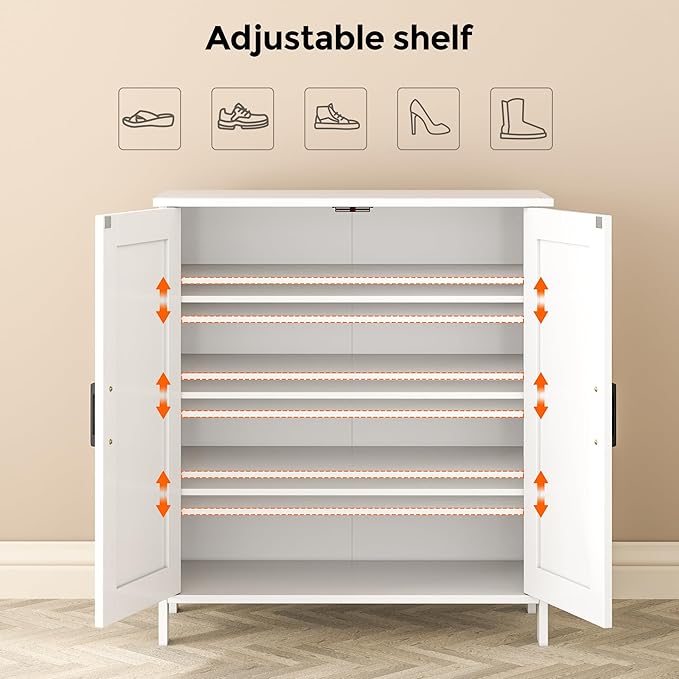 Farmhouse Shoe Cabinet with 2 Barn Doors & Wood Legs, 5-Tier Shoe Storage Cabinet with 3 Adjustable Shelves, Tall Shoe Rack Organizer for Closet, Shoe Organizer for Entryway, Hallway, White