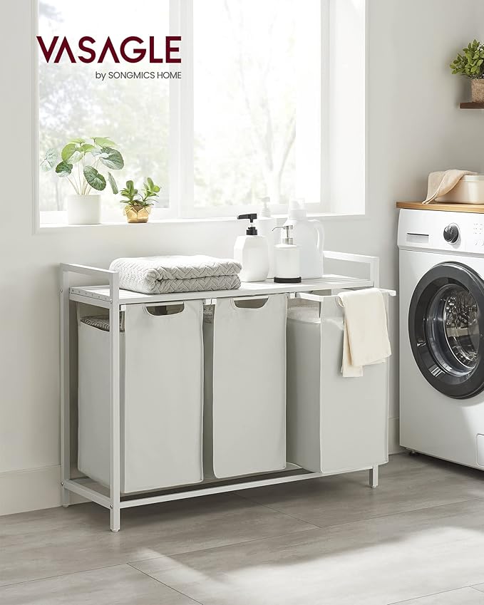 VASAGLE Laundry Hamper, Laundry Basket, Laundry Sorter with 3 Pull-Out and Removable Bags, Shelf, Metal Frame, 3 x 10.6 Gallons (40 L), 36.4 x 13 x 28.4 Inches, Cream White and Cloud White UBLH301W01