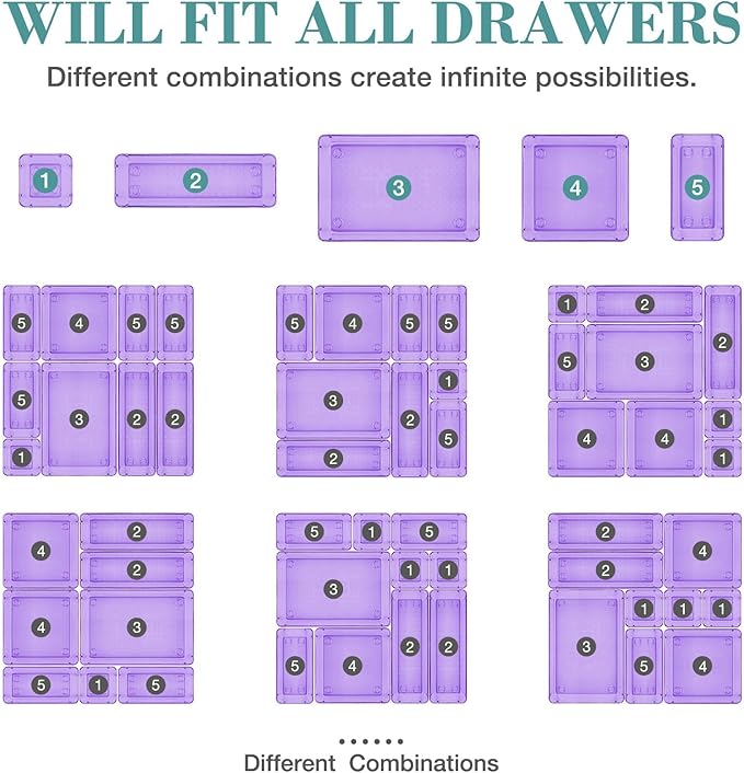 13 PCS Drawer Organizer Set, 5 Varied Size Bathroom and kitchen Drawer cabinet organizer Trays, Clear Storage Bins for Makeup, Jewelry, Utensils and Gadgets, Purple