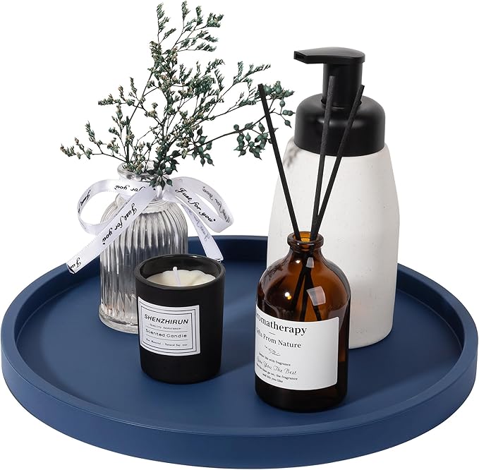 Silicone Bathroom Tray Round Vanity Tray Decorative Soap Holder Kitchen Countertop Organizer Coffee Table Decor for Candle, Perfume, Plant, 11 Inch, Dark Blue