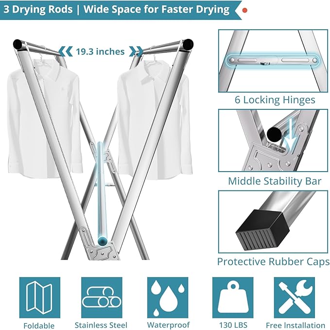 JAUREE 79 Inches Clothes Drying Rack, Drying Rack Clothing Folding Indoor Outdoor, Heavy Duty Stainless Steel Laundry Rack, Foldable Portable Large Clothes Rack Garment Rack with 20 Windproof Hooks
