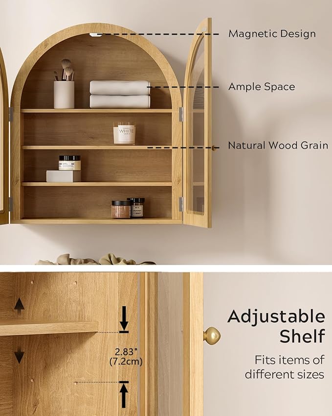 Modern Arched Wall Cabinet, Large Bathroom Medicine Wall Mounted Cupboard, Farmhouse Floating Storage Cabinet with Acrylic Door Adjustable Shelf, Wood Organizer (Natural Oak)