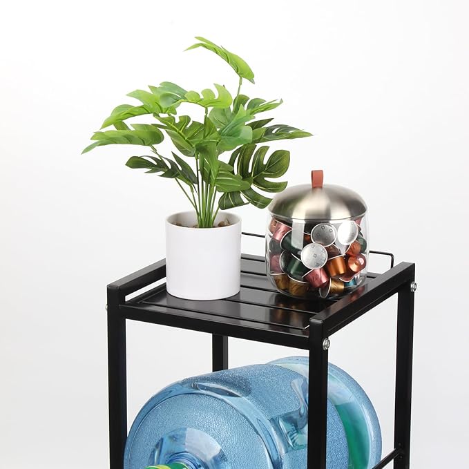 5 Gallon Water Jug Holder with Top Storage Shelve, 3 Tier Detachable Water Bottle Holder Water Cooler Jug Storage Rack, Heavy Duty Water Jug Stand Organizer for Kitchen Home Office, Black